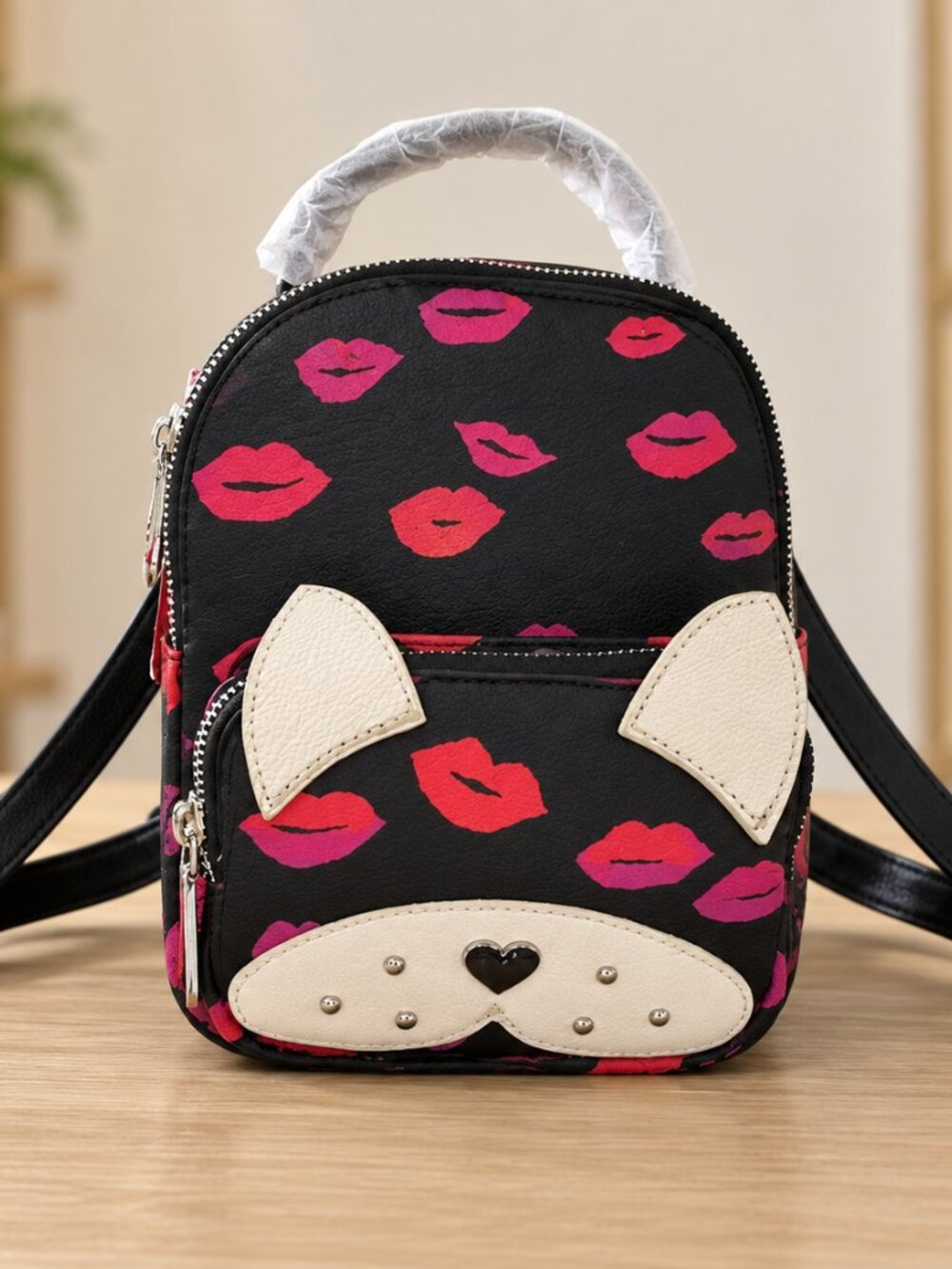 Betsey Johnson Lip Print Puppy Mini Backpack Dog Face NWT